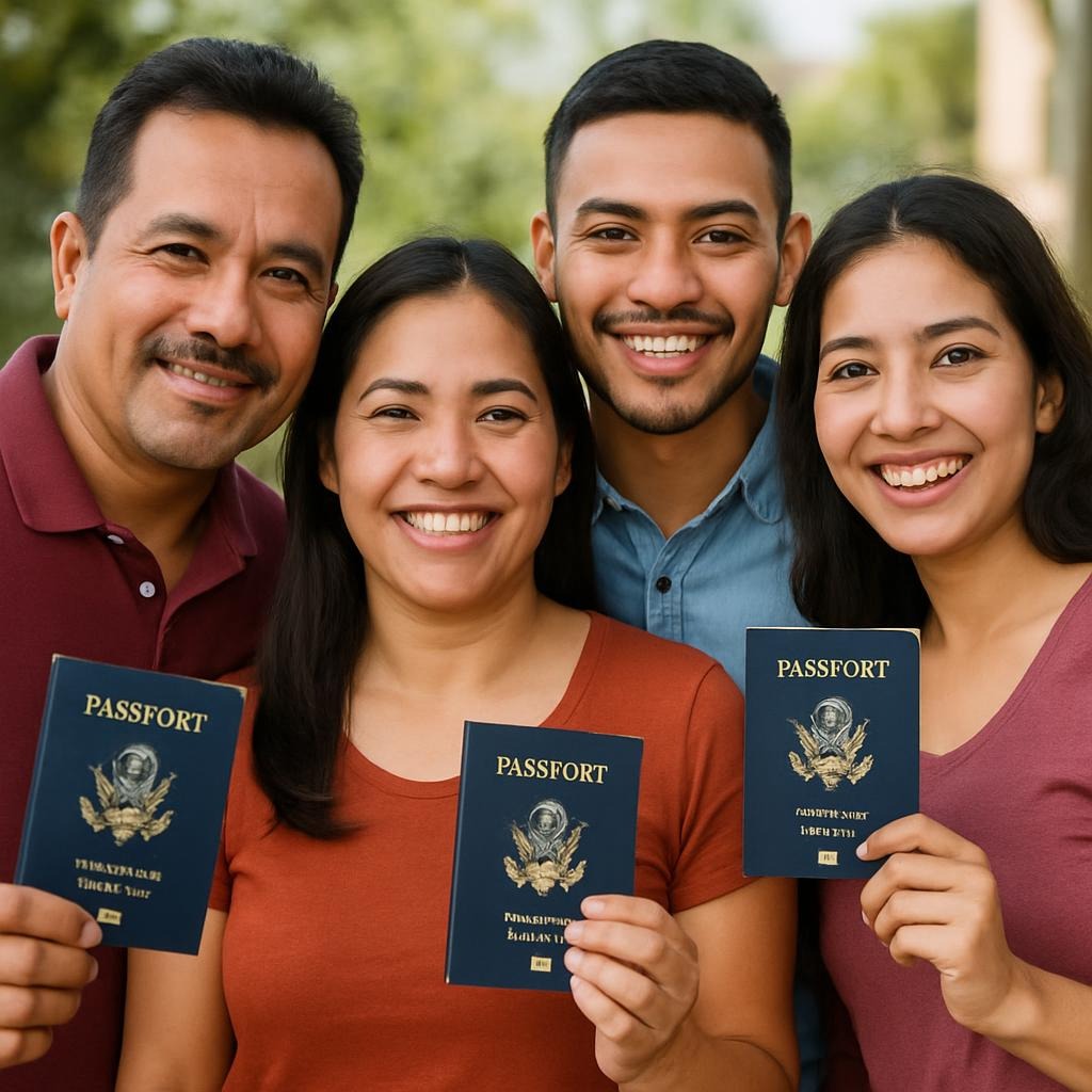 An immigrant family holding a passport.